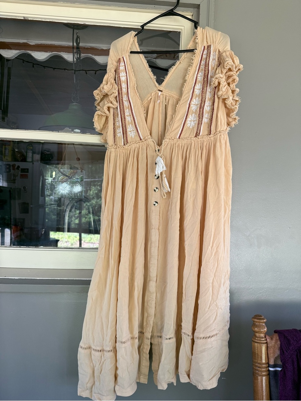 Free People Cream Gauze Boho Dress with Frayed Trim